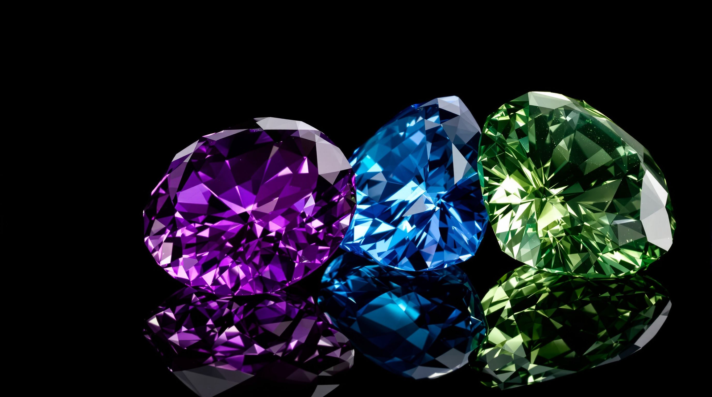 Three faceted gemstones — amethyst, sapphire and emerald — lit against black polished glass