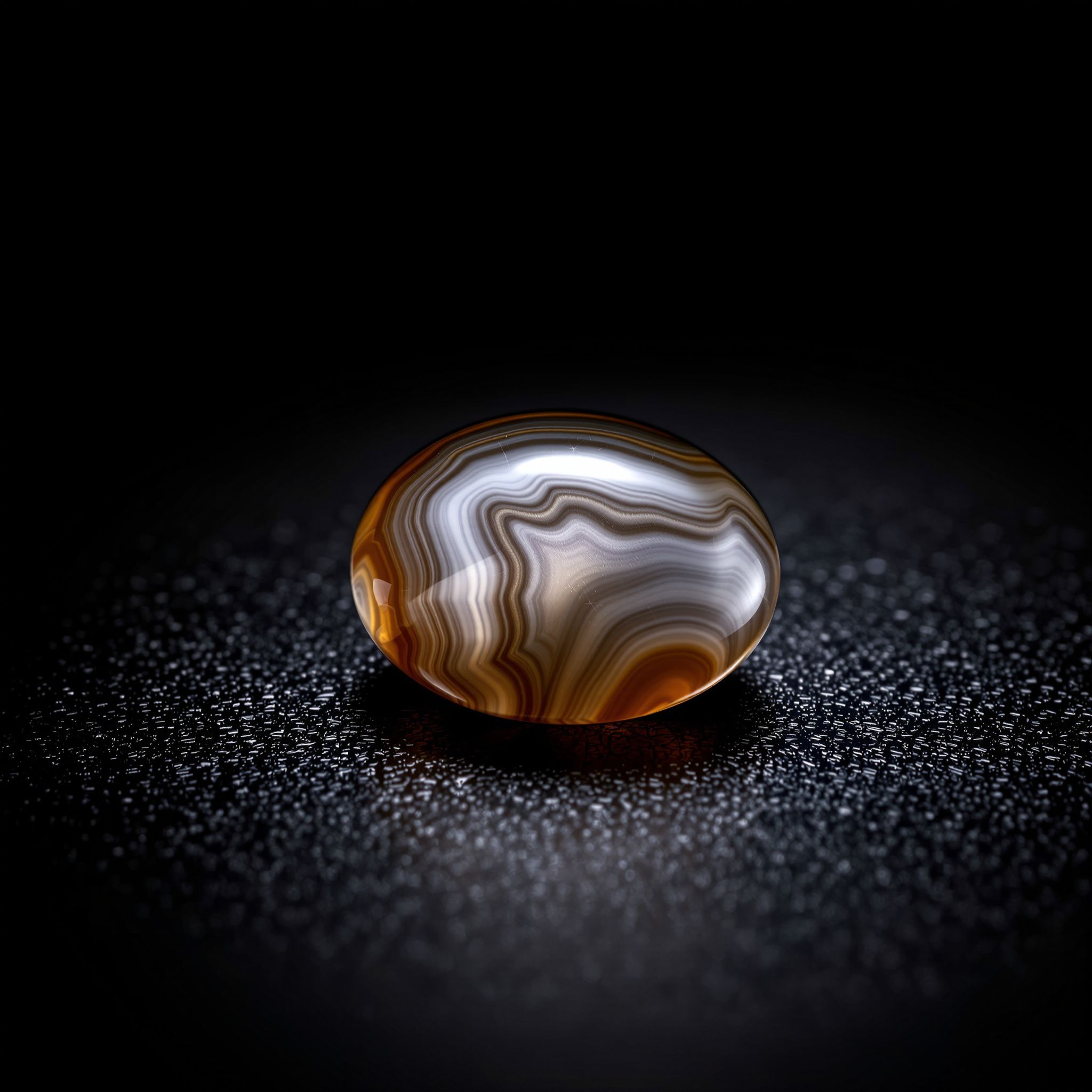 Polished banded agate cabochon on a dark background