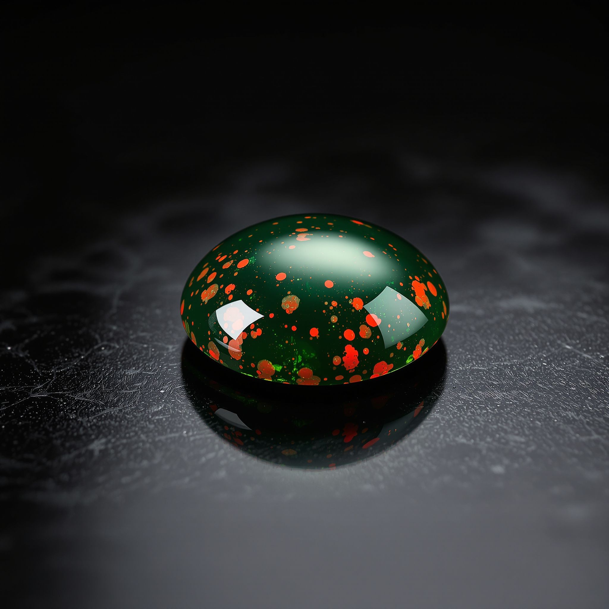 Polished bloodstone cabochon, dark green flecked with red, on a dark background
