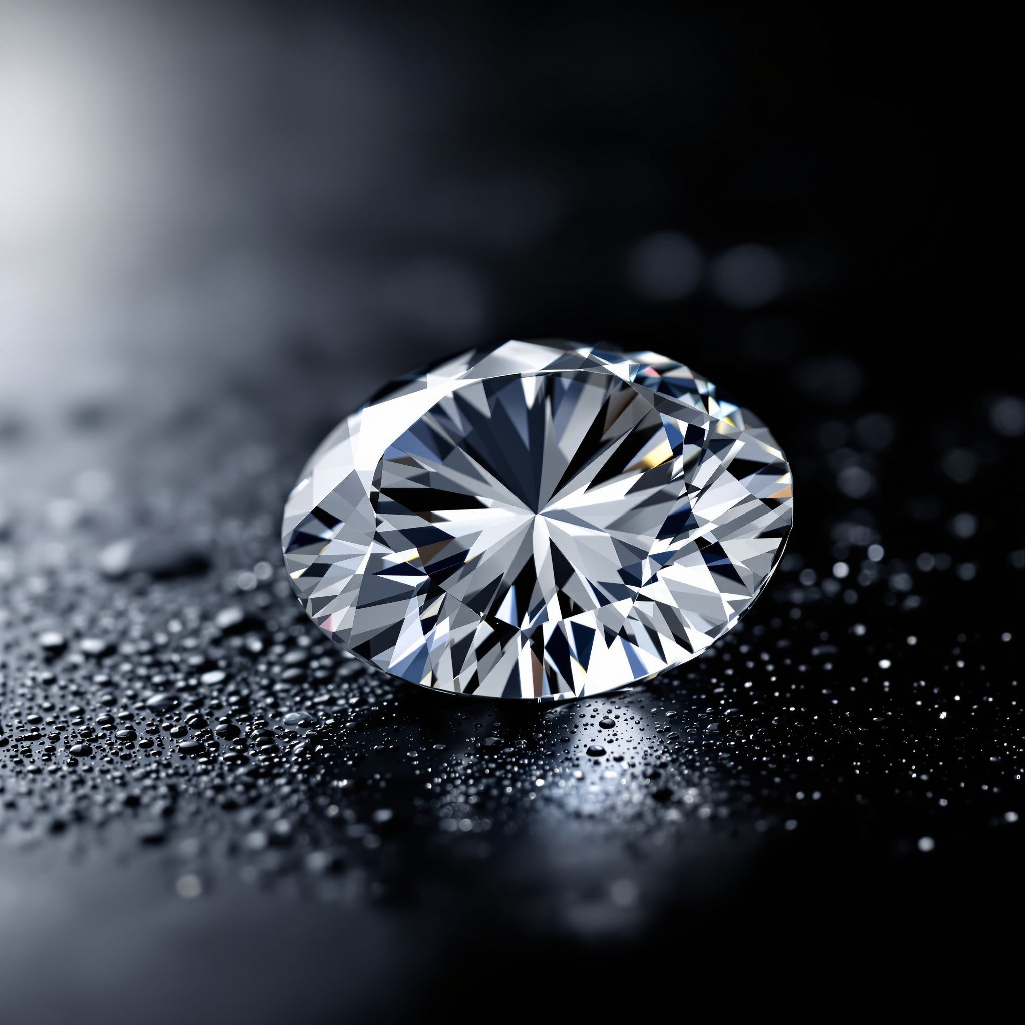 Faceted colorless diamond on a dark background