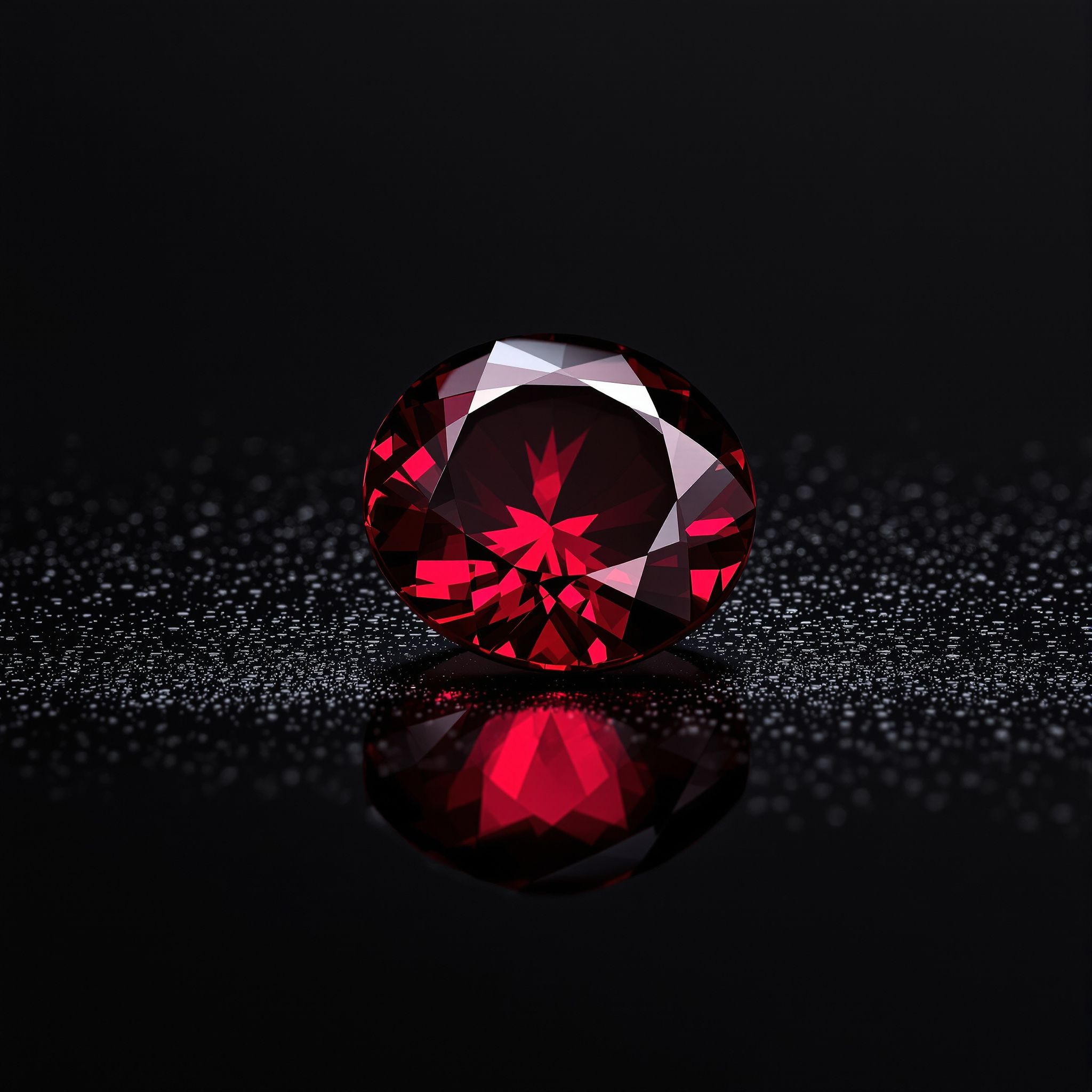 Faceted deep red garnet on a dark background