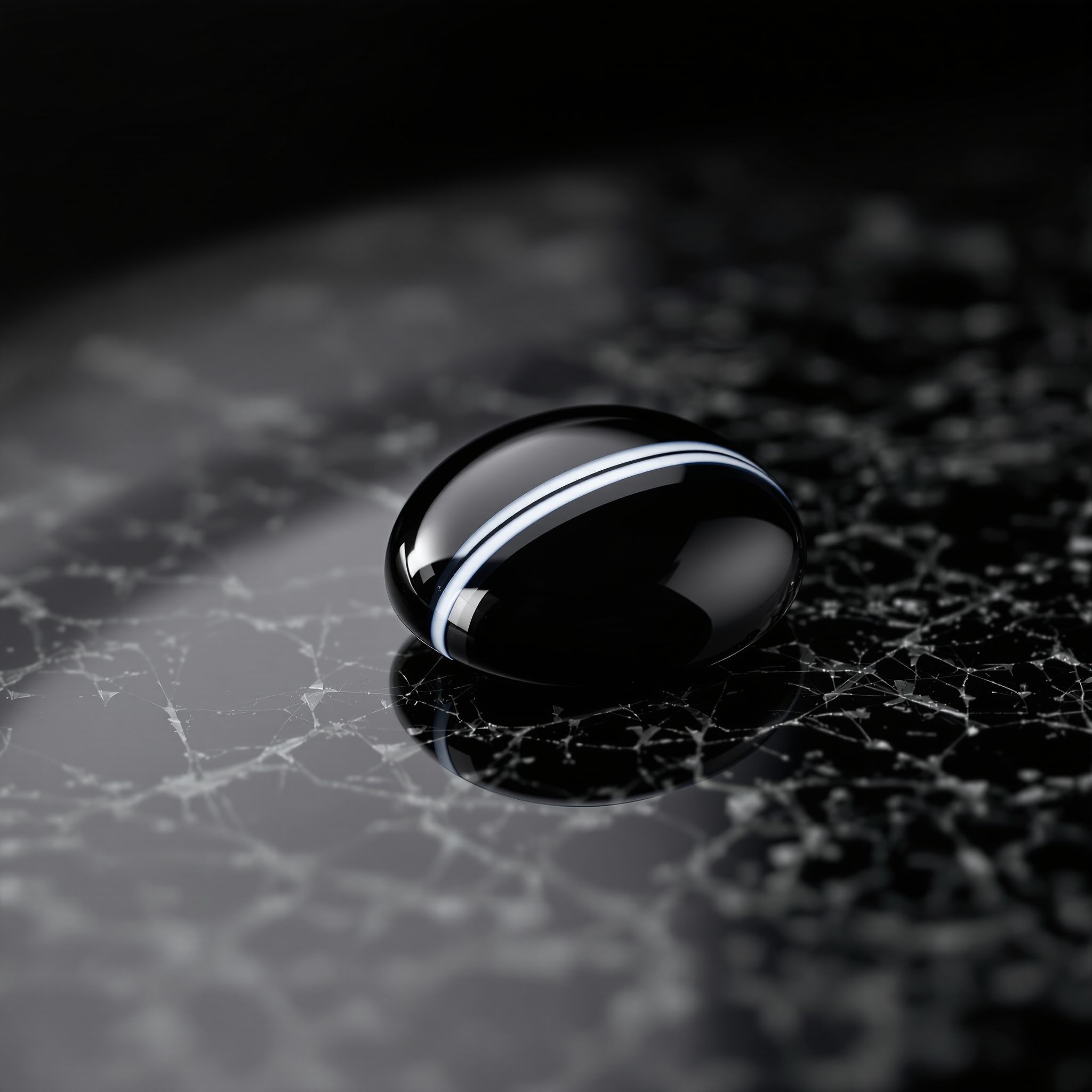 Polished black onyx cabochon with a fine white band, on a dark background