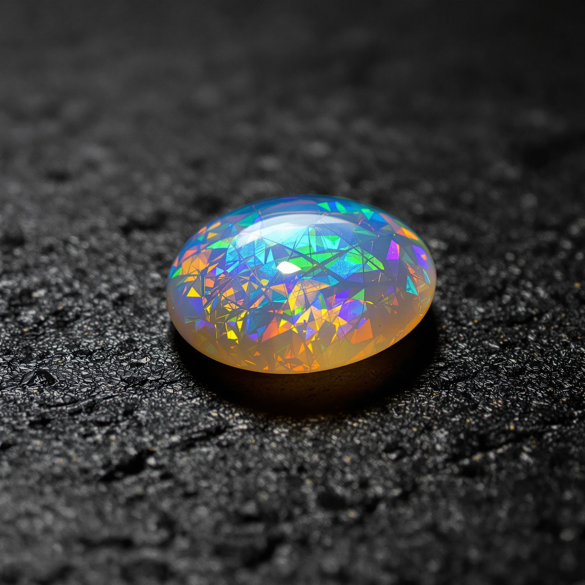 Iridescent opal cabochon on a dark background