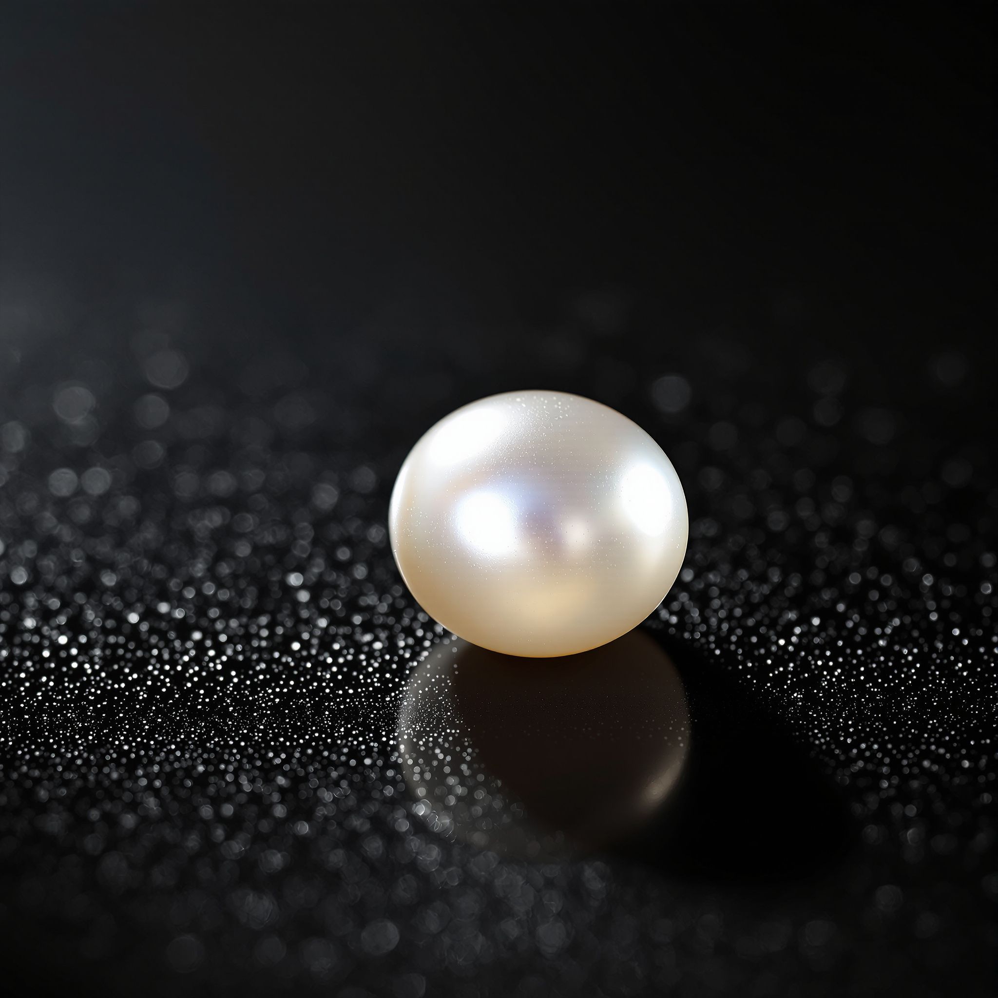 A lustrous round white pearl on a dark background