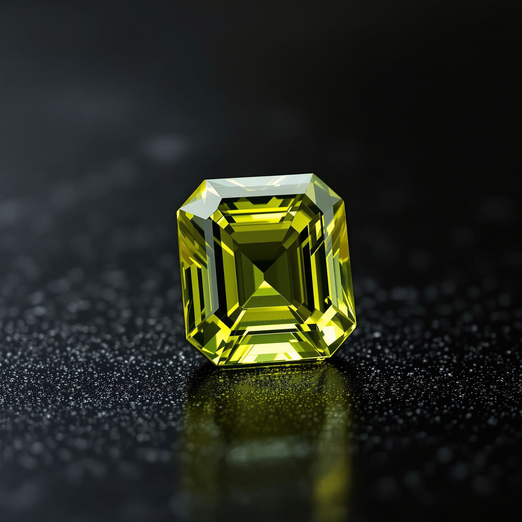 Faceted yellow-green peridot on a dark background